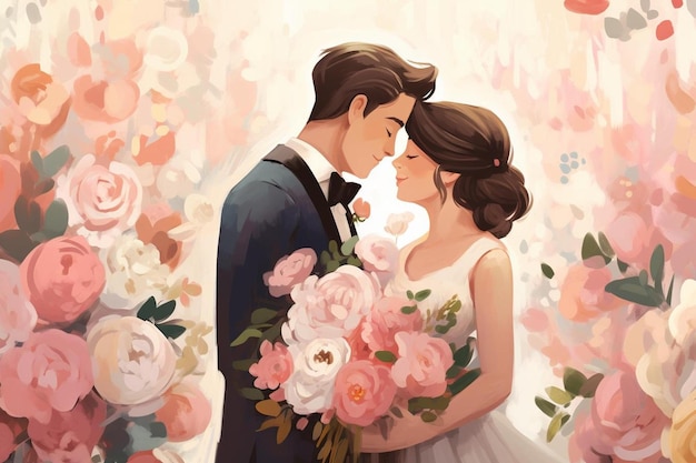 Um casal apaixonado com um buquê de flores.