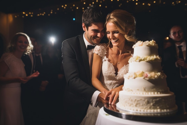 Um casal apaixonado comemora seu dia de casamento cortando alegremente seu bolo de casamento A noiva e o noivo cortando seu majestoso bolo de casamento Gerado por IA