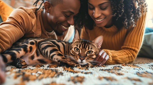 Foto um casal apaixonado compartilhando um momento alegre com seu gato de estimação em ambientes fechados, um estilo de vida sincero capturando felicidade e companheirismo.