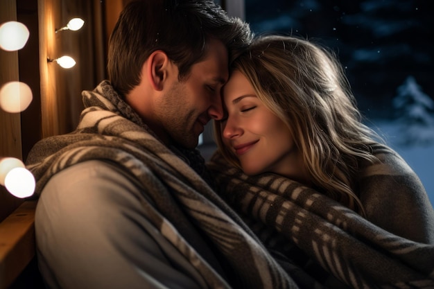 Um casal apaixonado envolto em um cobertor quente desfrutando de uma noite romântica de inverno em sua casa coberta de neve