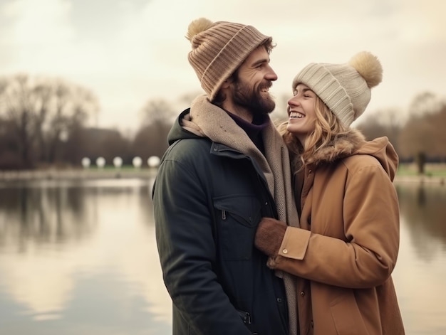 Um casal apaixonado está a desfrutar de um dia de inverno romântico.