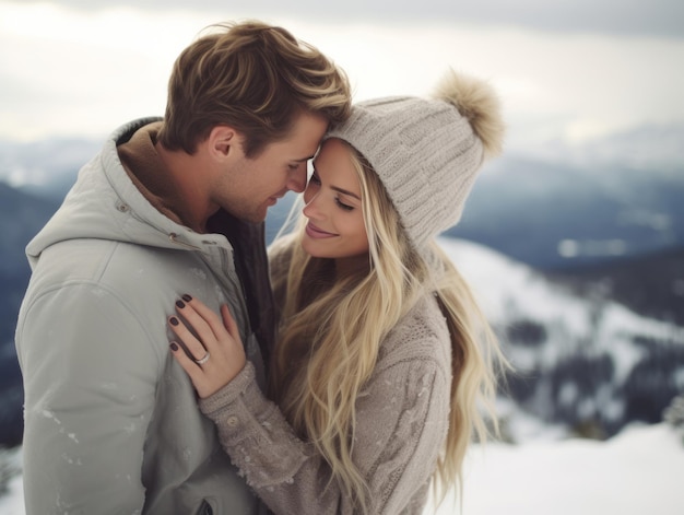 Um casal apaixonado está a desfrutar de um dia de inverno romântico.