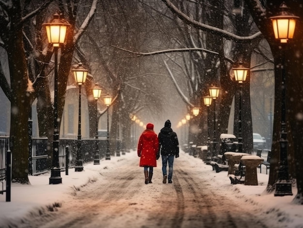 Um casal apaixonado está a desfrutar de um dia de inverno romântico.