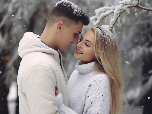 Um casal apaixonado está a desfrutar de um dia de inverno romântico.