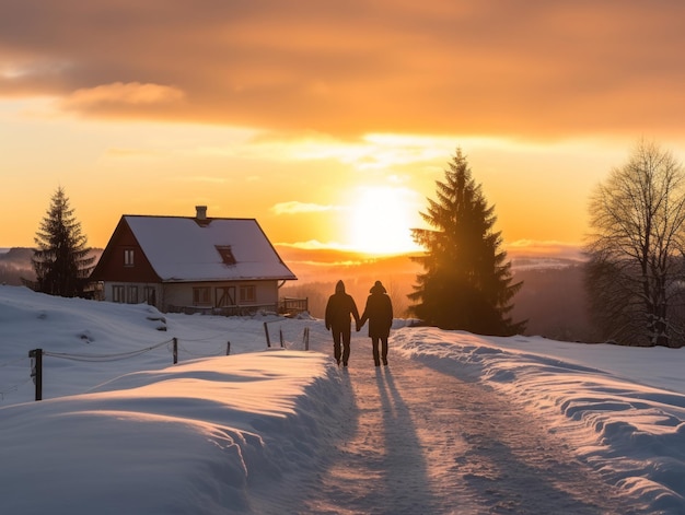 Um casal apaixonado está a desfrutar de um dia de inverno romântico.