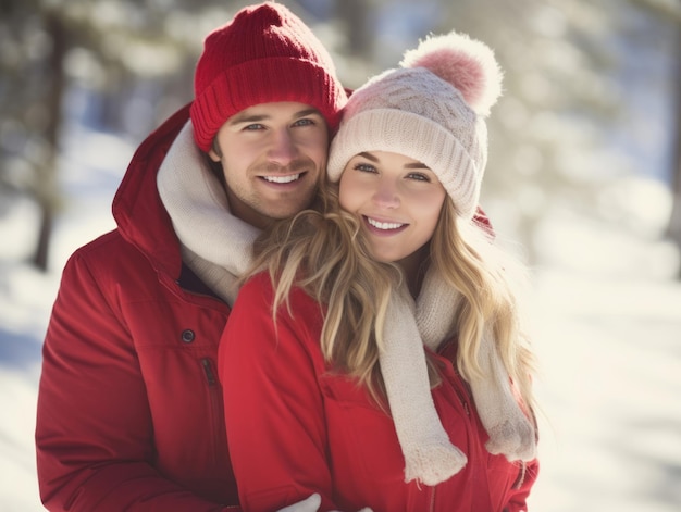 Um casal apaixonado está a desfrutar de um dia de inverno romântico.