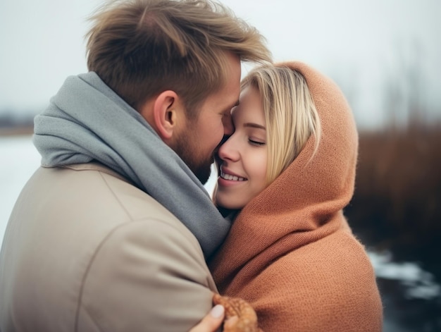 Um casal apaixonado está a desfrutar de um dia de inverno romântico.