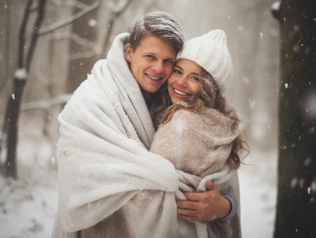 Um casal apaixonado está a desfrutar de um dia de inverno romântico.