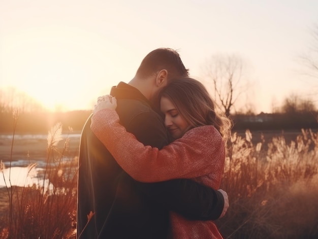 Um casal apaixonado está a desfrutar de um dia de inverno romântico.