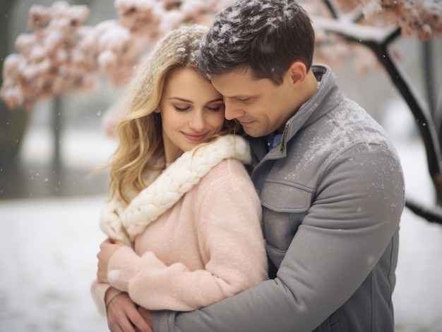 Um casal apaixonado está a desfrutar de um dia de inverno romântico.