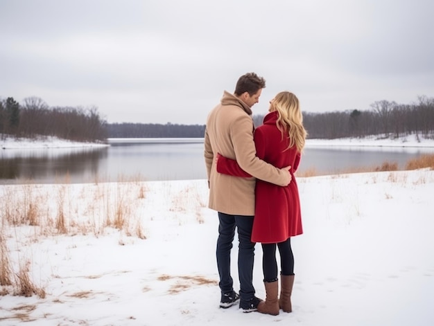 Um casal apaixonado está a desfrutar de um dia de inverno romântico.