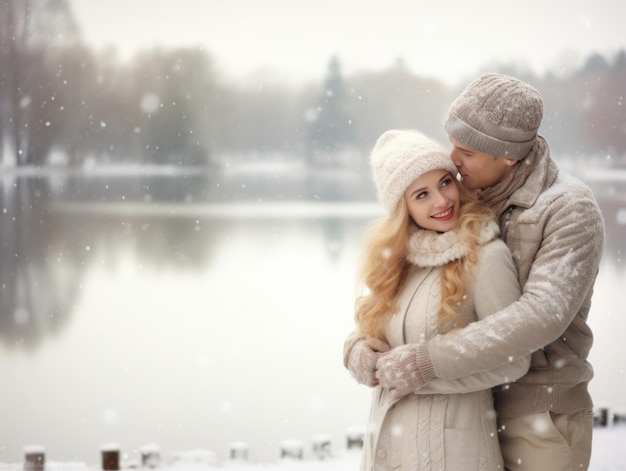 Um casal apaixonado está a desfrutar de um dia de inverno romântico.