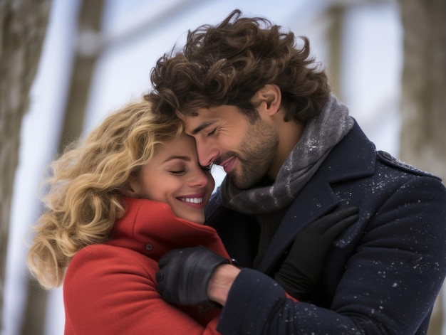 Um casal apaixonado está a desfrutar de um dia de inverno romântico.