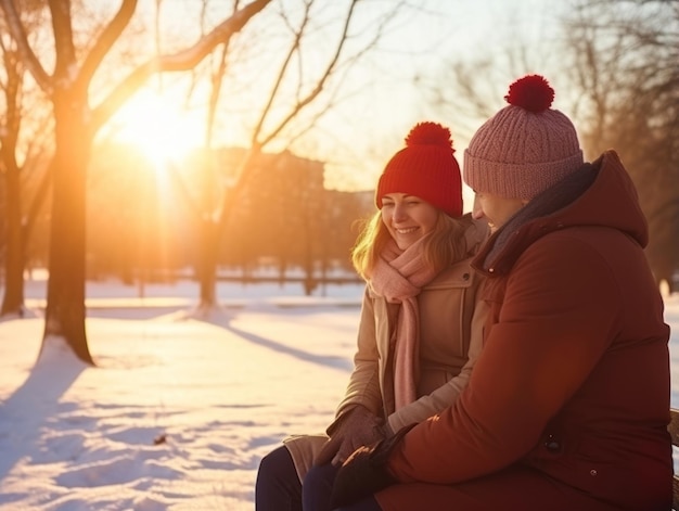 Um casal apaixonado está a desfrutar de um dia de inverno romântico.