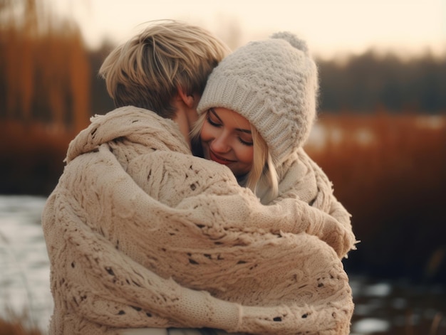 Um casal apaixonado está a desfrutar de um dia de inverno romântico.