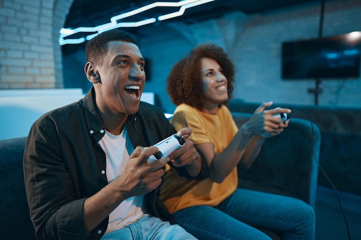 Foto um casal apaixonado está jogando uma foto de alta qualidade de console