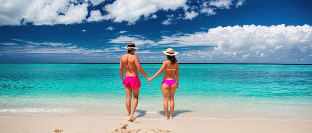 Um casal apaixonado está na costa de uma ilha tropical, uma praia de areia branca.