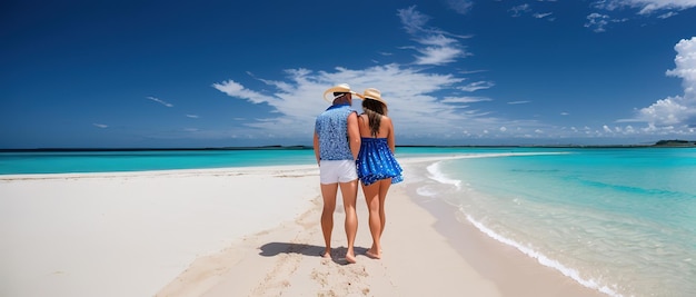 Um casal apaixonado fica na costa de uma ilha tropical, uma praia de areia branca Generative AI