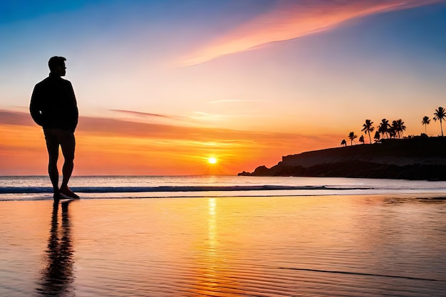 Um casal apaixonado na praia ao pôr do sol