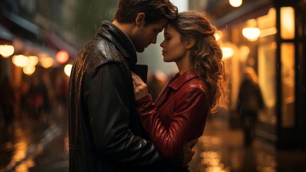 Um casal apaixonado nas ruas de uma cidade europeia à noite.
