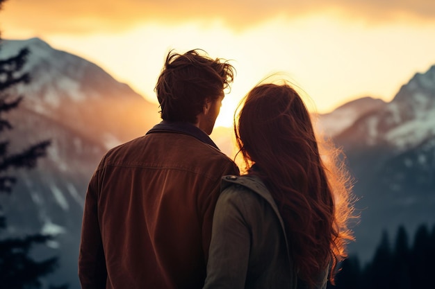 Foto um casal apaixonado olhando um para o outro ao pôr-do-sol nas montanhas de inverno com ia gerada