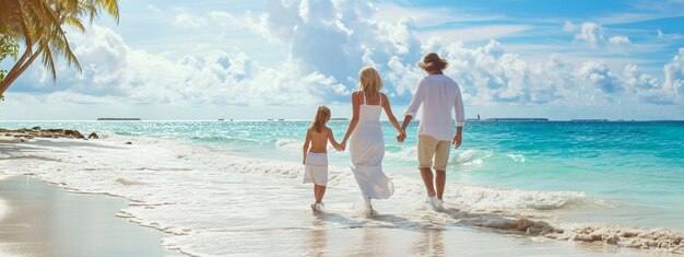 Um casal apaixonado por uma criança está caminhando na praia do oceano.