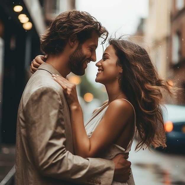 Um casal apaixonado se abraça na chuva