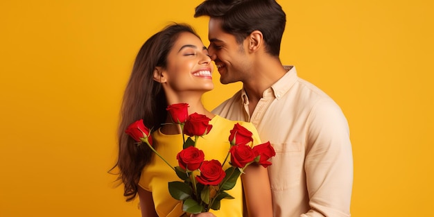 Um casal apaixonado segura um buquê de flores abraça e se olha