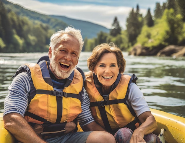 Um casal aposentado a fazer rafting no rio.