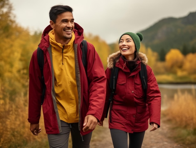 Um casal asiático apaixonado está a desfrutar de um dia romântico de outono.