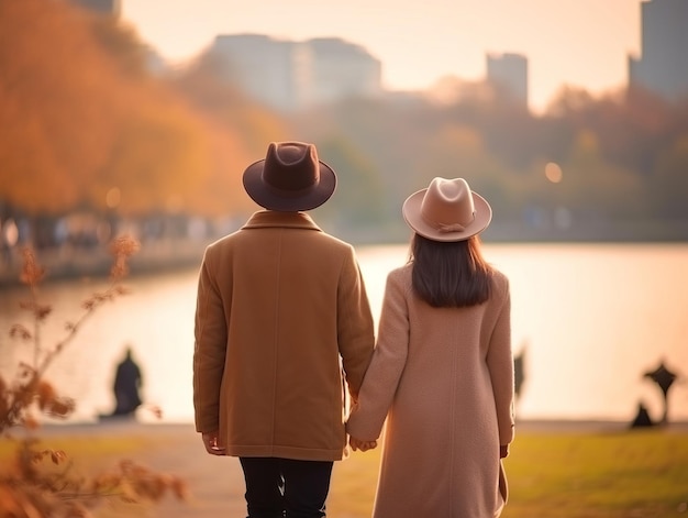 Um casal asiático apaixonado está a desfrutar de um dia romântico de outono.
