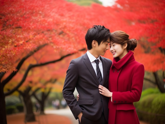 Um casal asiático apaixonado está a desfrutar de um dia romântico de outono.