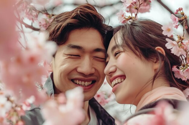 Um casal asiático feliz sorrindo e abraçando-se sob uma cerejeira em flor