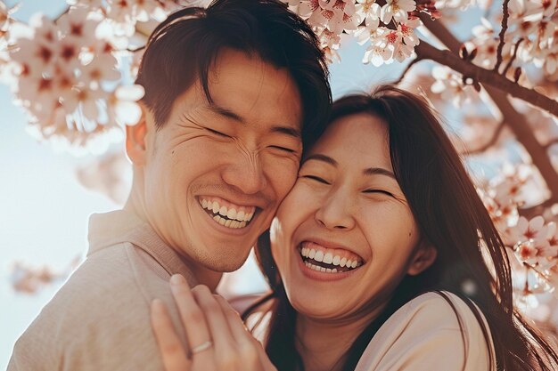 Foto um casal asiático feliz sorrindo e abraçando-se sob uma cerejeira em flor