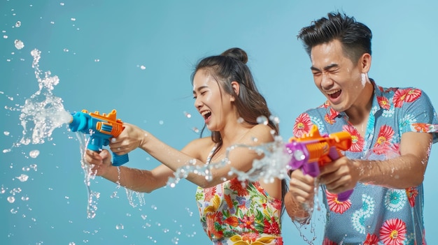 Um casal asiático se divertindo jogando armas de água vestindo camisas de verão com padrões coloridos na rua