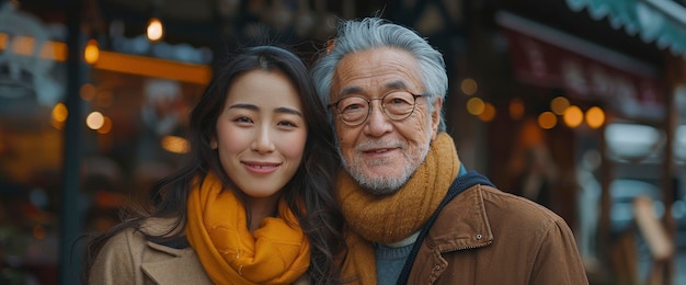 Um casal asiático surpreendeu um pai idoso com um presente de aniversário num café ao ar livre.
