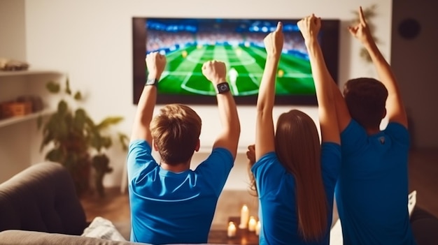 Foto um casal assistindo a um jogo de futebol na tv