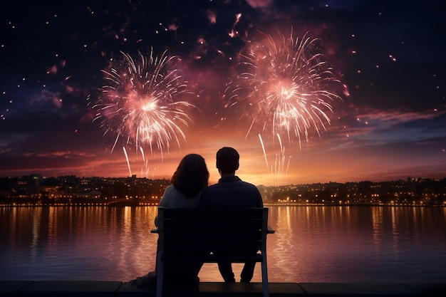 Um casal assistindo a uma espetacular queima de fogos de artifício 00065 02