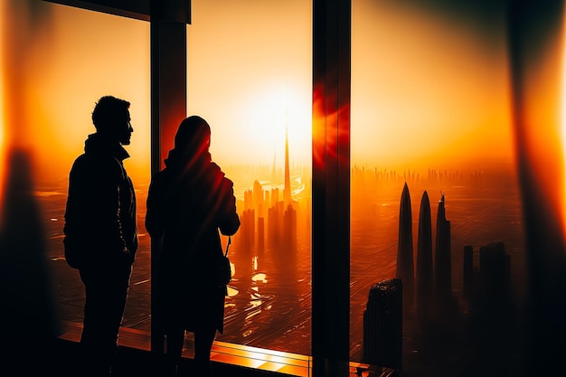 Um casal assistindo o nascer do sol do topo do Burj Khalifa
