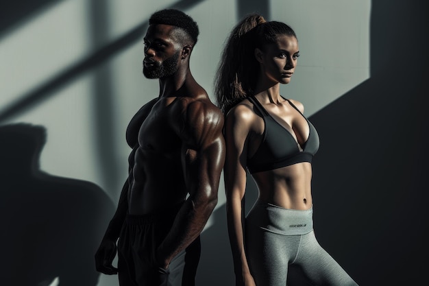 Foto um casal atlético em forma em um fundo escuro o conceito de fitness estilo de vida saudável