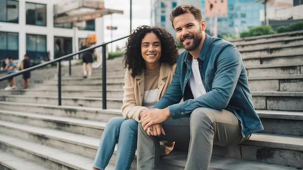 Um casal atraente de homem e mulher sentados nas escadas no centro da cidade urbana