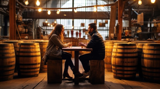 Um casal bebe cerveja em um restaurante clássico com barris de cerveja de madeira como assentos