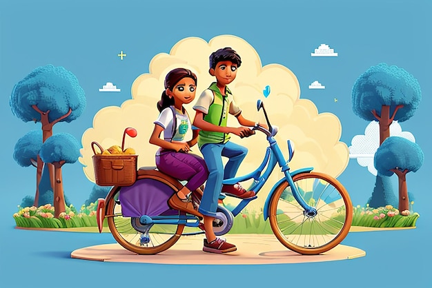 Foto um casal bonito a andar de bicicleta, duas pessoas felizes a apaixonar-se, o conceito de amor e dia dos namorados.