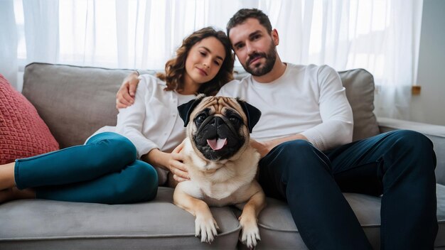 Um casal bonito a descansar no sofá com um cão de focagem.