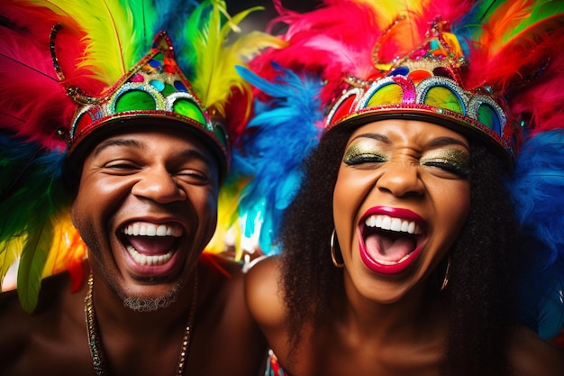 Foto um casal brasileiro alegre comemorando com trajes vibrantes de carnaval