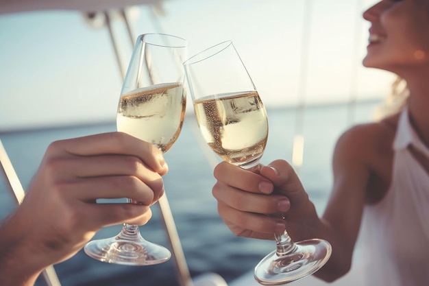 Um casal brindando com taças de vinho em um barco