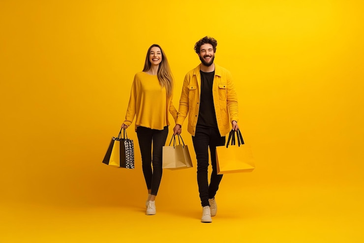 Foto um casal caminhando carregando sacos de compras olhando felizmente para a câmera sessão de fotos de corpo inteiro isolado