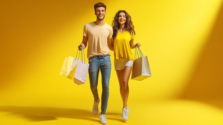 Foto um casal caminhando carregando sacos de compras olhando felizmente para a câmera sessão de fotos de corpo inteiro isolado