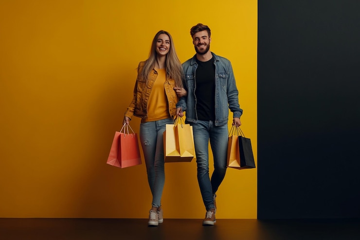 Foto um casal caminhando carregando sacos de compras olhando felizmente para a câmera sessão de fotos de corpo inteiro isolado