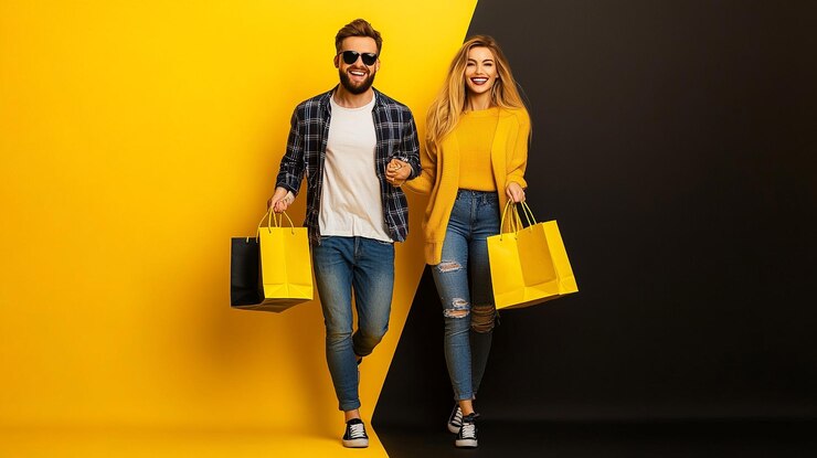 Foto um casal caminhando carregando sacos de compras olhando felizmente para a câmera sessão de fotos de corpo inteiro isolado